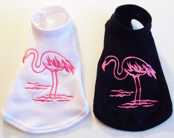 Flamingo Embroidered Little Dog Sleeveless T-Shirt, Sizes XXXS to M, White or Black