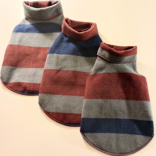 Burgundy, Navy and Gray Striped Luxury Fleece Little Dog Turtleneck Sweater, Sizes XXSmall to Medium, Upcycled Fabric