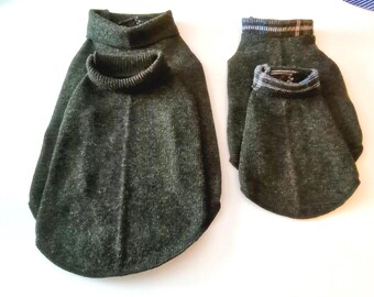 Green with Plaid Lambs Wool Sleeveless Turtleneck Sweaters, Little Dog Sizes XXS to Medium, Upcycled/Recycled Wool, Natural Fiber