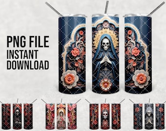 Santa Muerte 3D Tumbler Wrap, 20oz Skinny Tumbler Sublimation Design, Skinny Tumbler, Flat Tumbler Wrap, PNG Digital Download, 3rd version