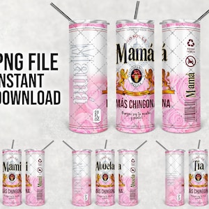 May include: A collection of pink and white insulated tumblers with various Spanish words and phrases. The tumblers feature floral designs, diamond patterns, and the text "PNG FILE INSTANT DOWNLOAD". Each tumbler holds 20 fl oz.