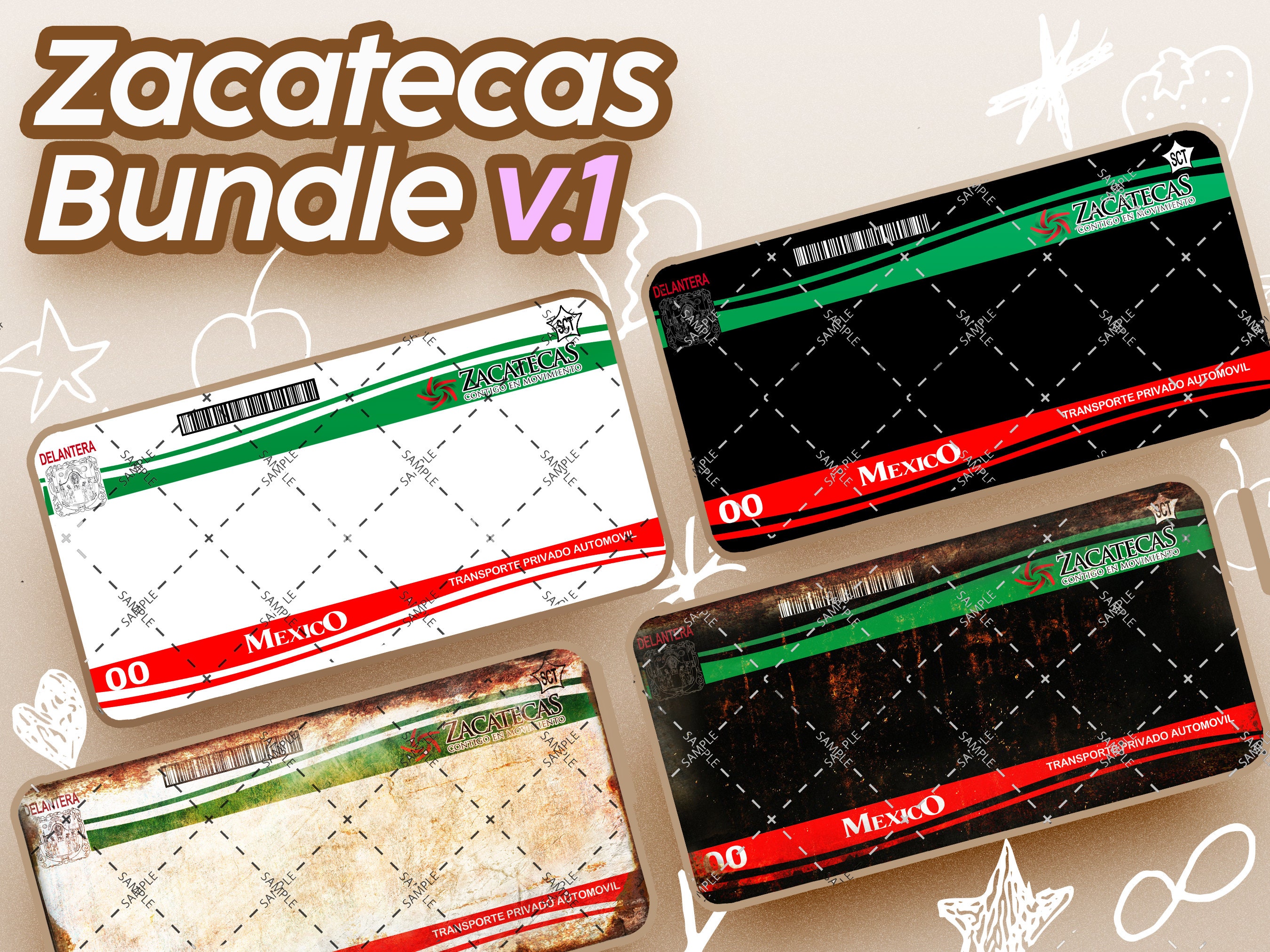 License Plate - Zacatecas V1|Bundle|Black|Old Rust- Black version- PNG FILE ONLY