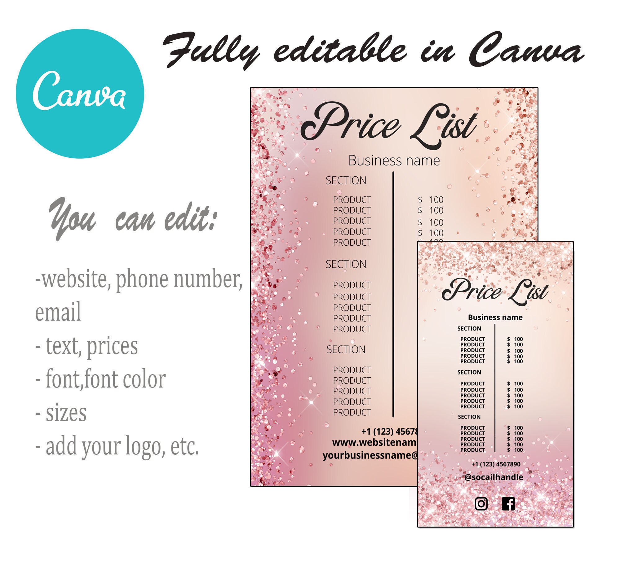 Rose Gold Price List Template Instagram Price List Pink Etsy