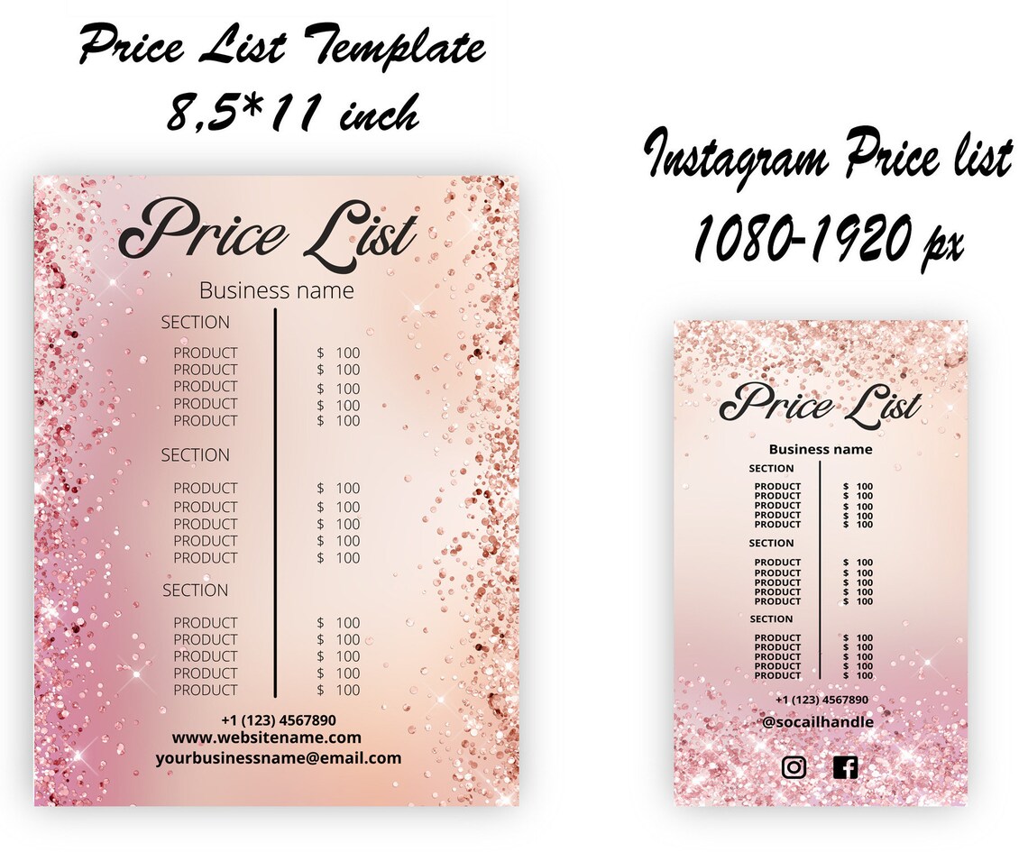 Rose Gold Price List Template Instagram Price List Pink Etsy