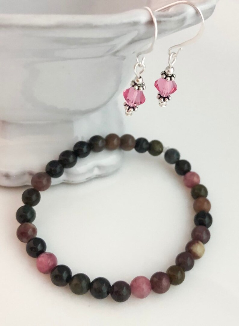 Natural Tourmaline Beaded Crystal Jewelry SetTourmaline Stretch BraceletMulti Color Bracelet EarringsRose Pink Earrings