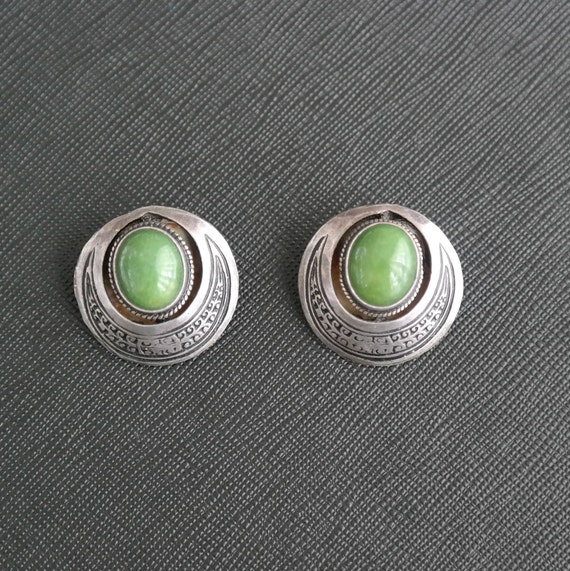 Earrings Clips VINTAGE Round Green 925 Silver Ear… - image 5