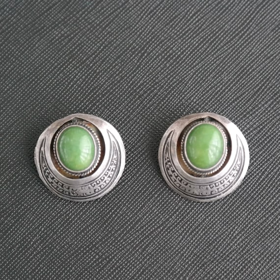Earrings Clips VINTAGE Round Green 925 Silver Ear… - image 1