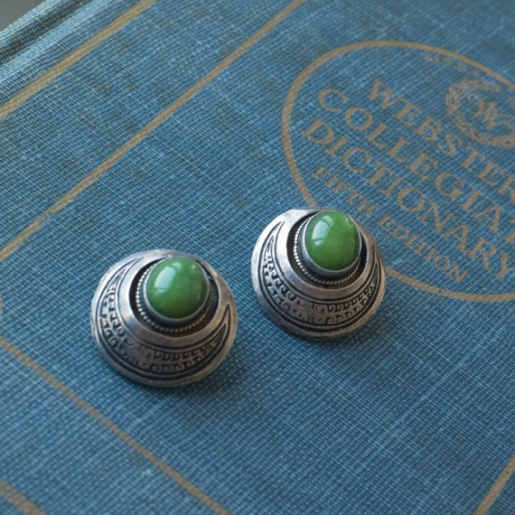Earrings Clips VINTAGE Round Green 925 Silver Ear… - image 6