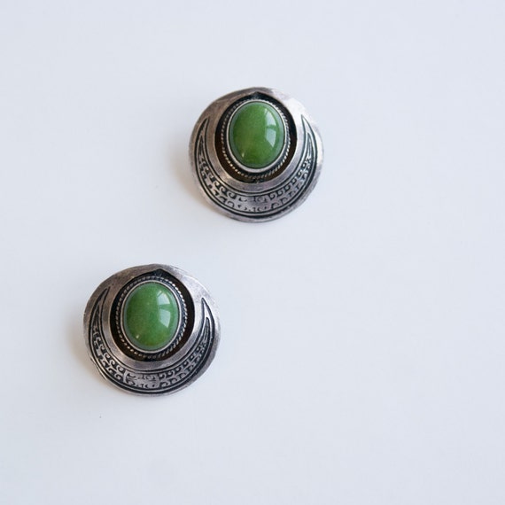 Earrings Clips VINTAGE Round Green 925 Silver Ear… - image 3