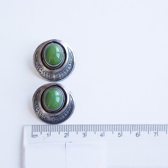 Earrings Clips VINTAGE Round Green 925 Silver Ear… - image 2