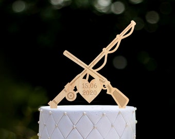 Custom wedding fishing gun cake topper,Fishing hunting cake topper wedding,Fishing themed hunter personalized wedding cake topper,0318
