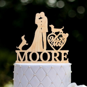 Dachshund wedding cake topper,bride and groom topper with dachshund,dog and couple wedding cake topper,Mr and Mrs with dog cake topper,0435