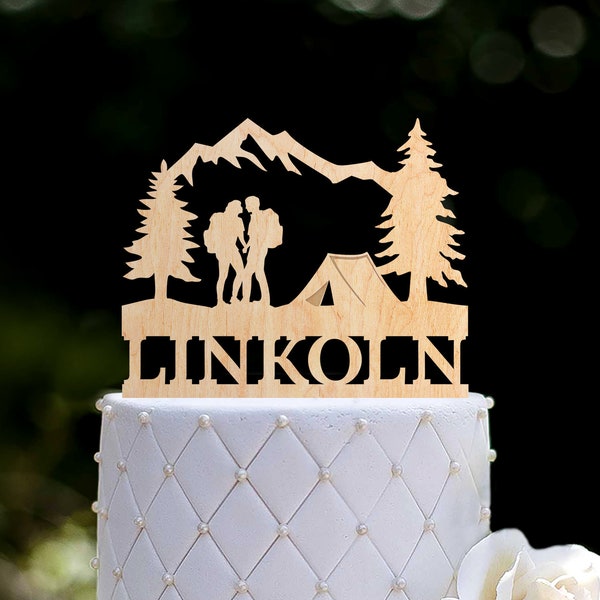 Mountain wedding cake topper,Outdoor wedding backpacking cake topper,personalized wedding  hiking cake topper,camping cake topper,0440