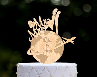 Travel wedding cake topper, Destination wedding cake topper, Map wedding cake topper, Travel Mr Mrs wedding topper,Airplane cake topper,0538