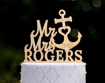 Custom anchor wedding cake topper mr and rms,gold anchor topper,nautical wedding initials topper,Nautical anchor wedding cake topper,0403