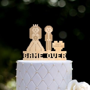 Game over wedding cake topper,8 bit video game bride groom cake topper,8 bit wedding cake topper,Game cake topper, Just married topper,0539