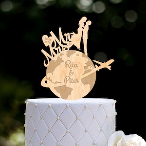 Reizen bruidstaart topper, bestemming bruidstaart topper, kaart bruidstaart topper, reizen heer mevrouw bruiloft topper, vliegtuigtaart topper, 0538
