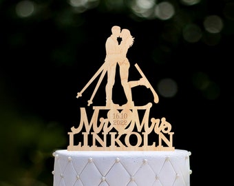 Snow ski winter wedding outdoor mr and mrs cake topper,ski theme snow wedding custom cake topper,ski mountain winter wedding topper,0357