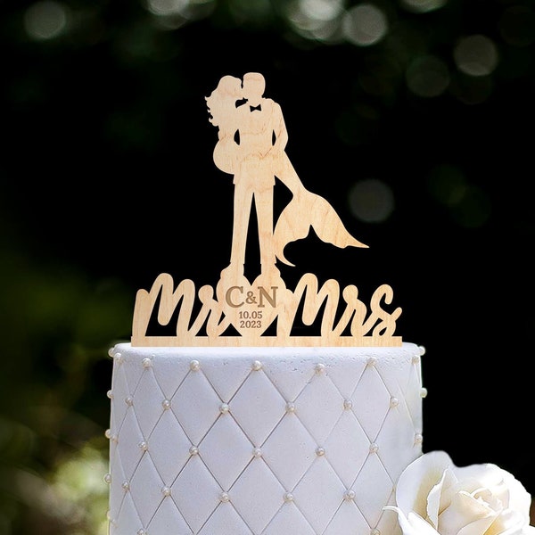 Custom Mermaid Wedding Cake Topper,Beach Themed Wedding Cake Topper,personalized cake topper for wedding,Mr and Mrs cake topper,0518