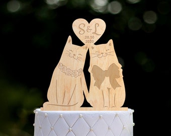 Custom couple cake topper cat wedding,heart cake topper cat lover,cat cake topper wedding,cat theme party bride groom wedding topper,0392