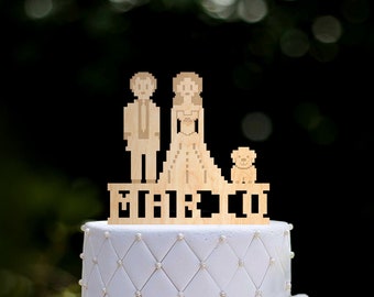 8 Bit Gamer Wedding Cake Topper, Video Game Bride and Groom with Dog, 070