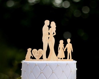 Custom family kids cake topper pug dog with boy and girl,Mr and mrs blended family topper with dog,family couple pug cake topper,0375