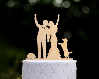 Custom hedgehog bride and groom wedding pet cake topper couple with labrador retriever,Mr and mrs cake topper with golden retriever,0379