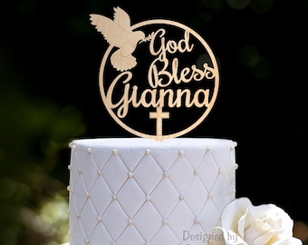 Baptism Cake Topper, God Bless Cake Topper, Custom Christening Cake Topper, Acrylic First Communion Cake Topper, Name Cake Topper, 0589