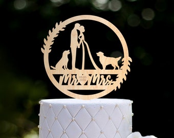 Boho Floral Wedding Cake Topper With Dog - Customizable Acrylic, Mr & Mrs, 6 Inch Wide