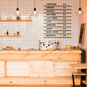 Tablero de menú de pared, menú de cafetería personalizable con letras intercambiables y rieles de madera, rieles de menú montados en la pared, tablero de letras intercambiables