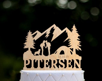 Camping wedding Mr and mrs cake topper with dog,camp wedding cake topper,Outdoor dog wedding cake topper,Mountain mr mrs cake topper,088