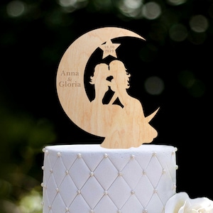 Moon cake topper with lesbian couple,lesbian cake topper,lesbian couple moon cake topper,moon kissing lesbian cake topper,moon wedding,012