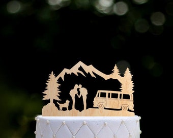 Camp wedding bus cake topper with dog,Camping wedding Mr and mrs cake topper with dog,Outdoor bus wedding cake topper,Mountain topper,090