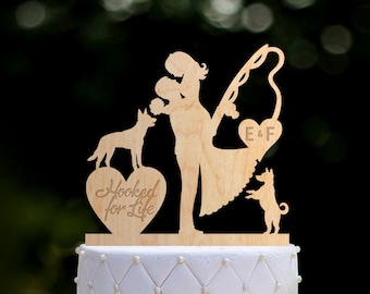 Fishing wedding cake topper with dog,fishing themed wedding cake topper,fish wedding topper with dog,mr and mrs cake topper,dog topper,010