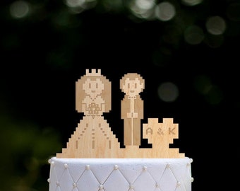 8 bit wedding cake topper,video game wedding cake topper,8 bit gamer wedding cake topper,8 bit video game Bride and groom cake topper,071