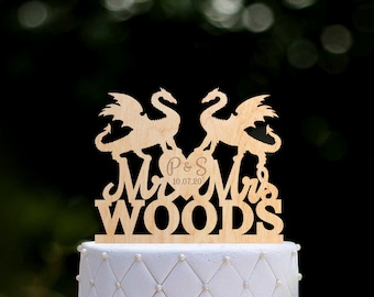 Fantasy dragon mr and mrs wedding cake topper,dragon wedding initials cake topper date,Personalized dragon theme wedding cake topper,0334