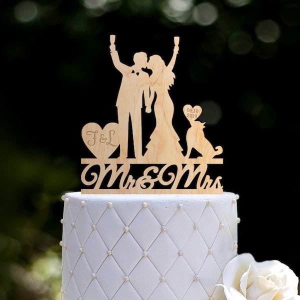 Hochzeitstorte Topper, Hund Cake Topper, Mr and Mrs Cake Topper mit Husky, Tortenstecker Benutzerdefinierte, Weingläser Cake Topper, Hochzeitsgeschenk ,028