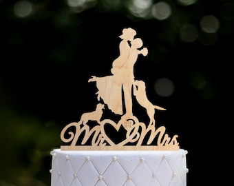 Mr and mrs cake topper with golden retriever,Mr and mrs wedding dog cake topper,bride groom dog cake topper,Wedding cake topper with dog,092