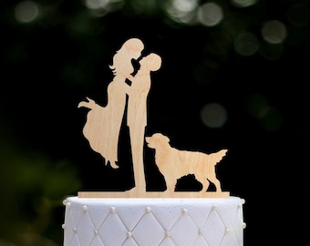 Bride and groom topper with dog,Wedding topper couple with labrador,Mr and mrs cake topper with golden retriever,labrador cake topper,040