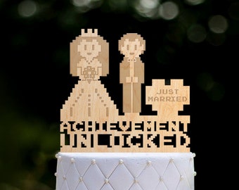 8 bit gamer wedding mr and mrs cake topper,8 bit video game Bride groom cake topper,8 bit wedding cake topper,video game cake topper,0267