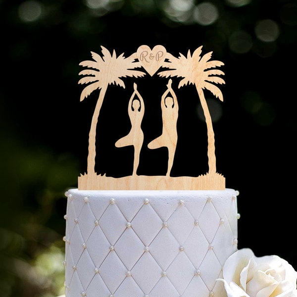 Yoga pose Palm tree wedding cake topper,yoga couple cake topper,Yoga lovers wedding cake topper,mr mrs yoga wedding initilas topper,0209