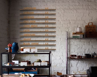Wall Menu Board with Changeable Letters, Wooden Rails for Cafe