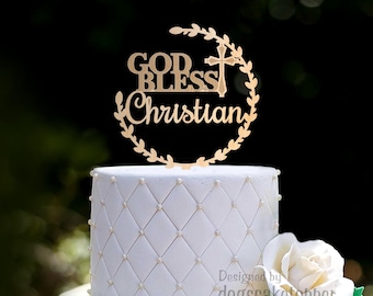 Baptism Cake Topper, Floral God Bless Cake Topper, Personalized Christening Cake Topper, First Communion Cake Topper, Name Cake Topper, 0587