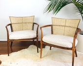 Vintage 1950s MID CENTURY MODERN Pair Of Bert England Woven Cane Back Sculptural Frame Lounge Chairs