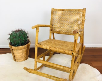 Vintage 1970s CHILDS RATTAN & CANE Rocking Chair