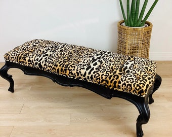 Vintage HOLLYWOOD REGENCY Button Tufted LEOPARD Print Bench