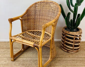Vintage 1960s MID CENTURY RATTAN Woven Back Chair / Coastal Boho Chic