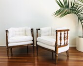 Vintage 1960s Pair of MID CENTURY Upholstered Faux SHEARLING Wood Spindle Barrel Chairs
