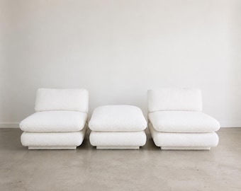 Vintage 1970s WHITE BOUCLE Style Pair of SLIPPER Chairs & Ottoman Set by Marge Carson / Chaise / White Faux Shearling