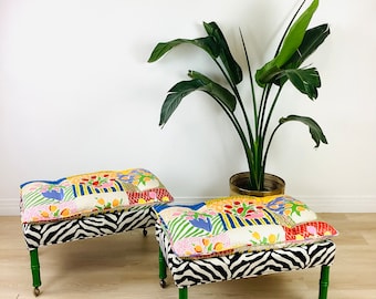 Vintage 1960s FAUX BAMBOO Leg & POP Art Floral Print and Zebra Upholstered Pair of Footstool / Ottomans / Whimsical / Patchwork